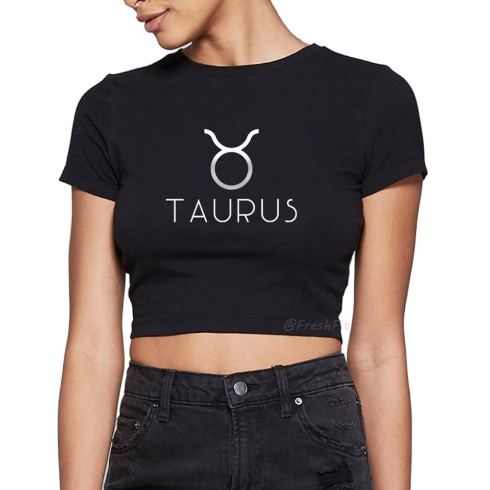 🆕Taurus Horoscope Zodiac Sign Cute Fitted Crop Top Tee Black/Silver